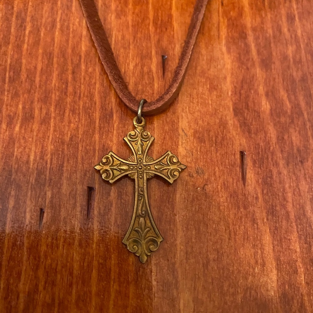 Twigs Jewels long leather cross Catholic necklace